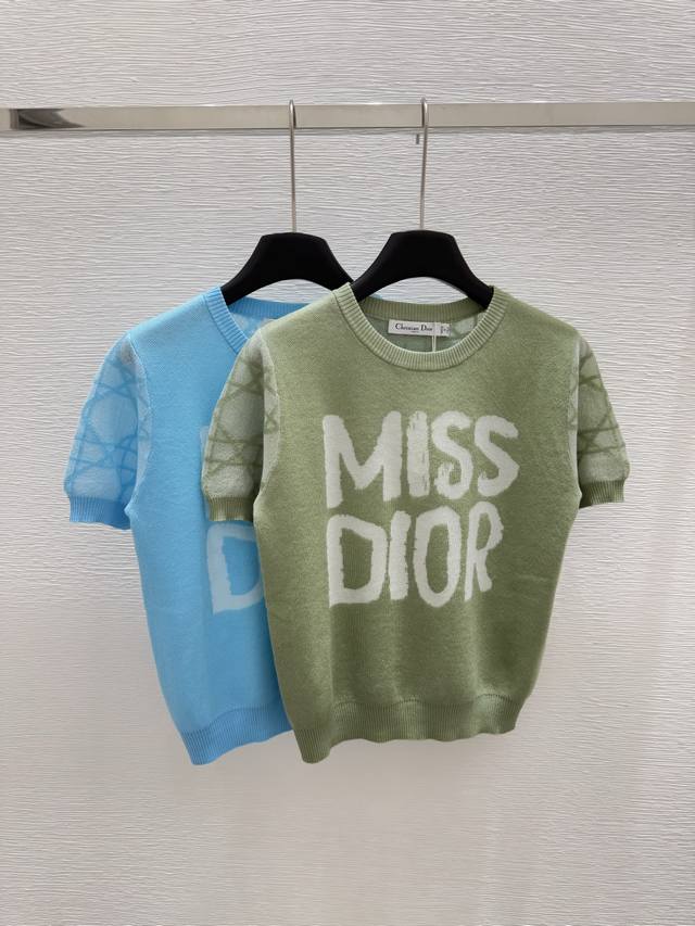 d Early Spring New Round Neck Letter Knitted Short Sleeve Color Green Blue Si