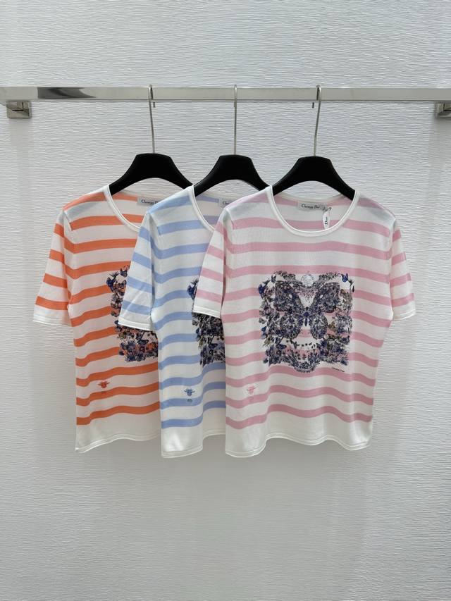 d Early Spring New Round Neck Print Striped Knitted Short Sleeve Color Pink B