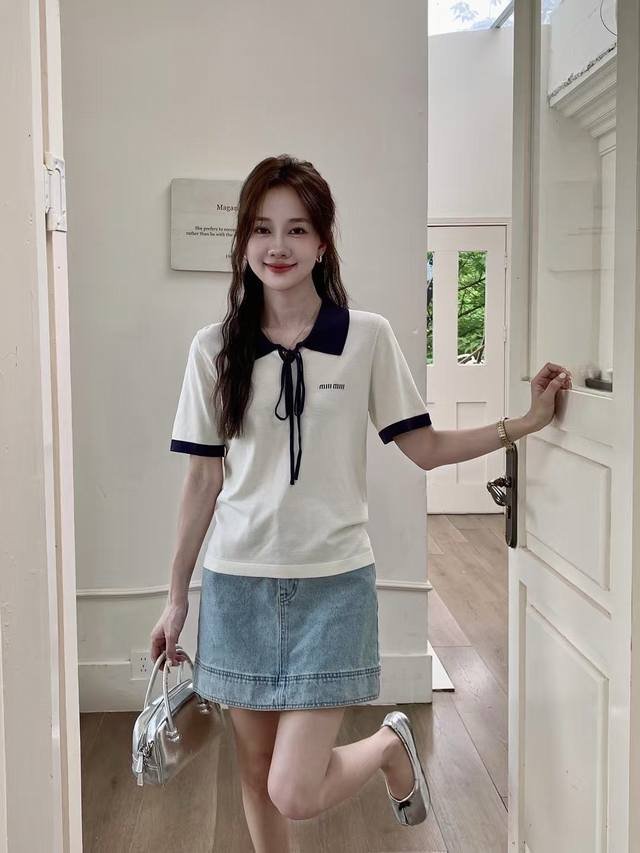 m Early Spring New Lapel Tie Knitted Short Sleeve Color White Royal Blue Size