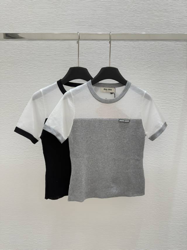 m Early Spring New Round Neck Knitted Short Sleeve Color Gray Black Size 36.3
