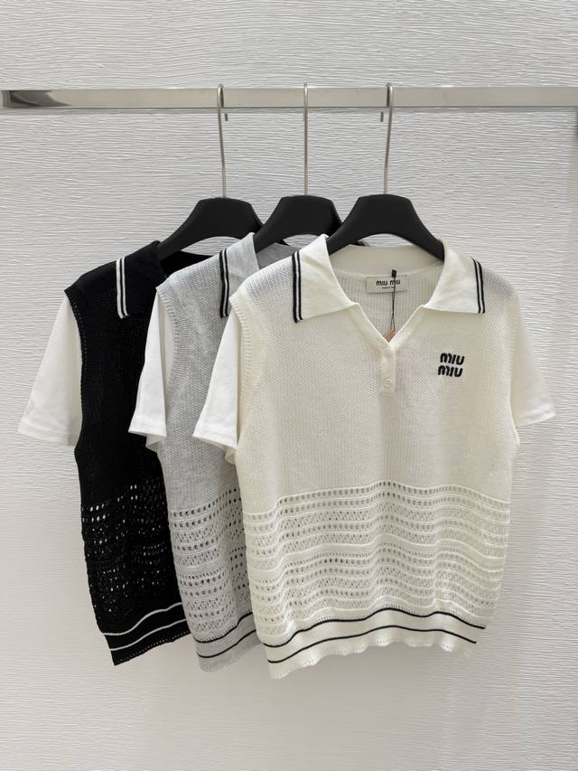 m Early Spring New Lapel Fake Two-Piece Knitted Short Sleeve Color White Gray