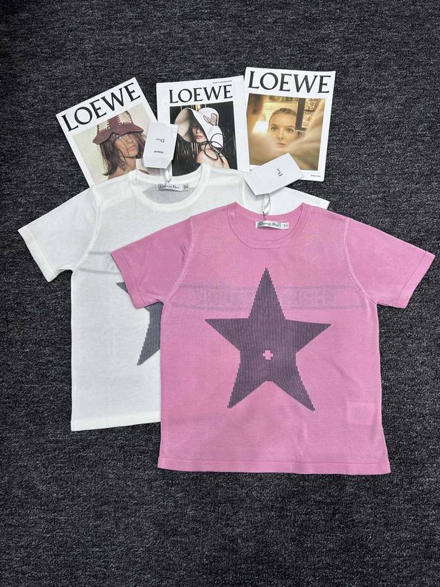 Dior Fashion Simple Round Neck Five-Pointed Star Jacquard Embellishment Short-Sl