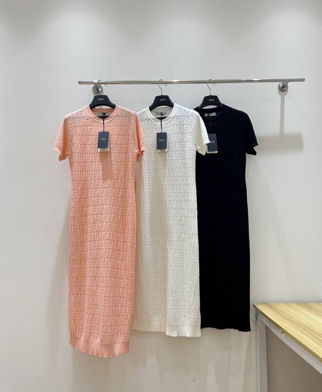 Summer New Fendi Hollow Double F Short-Sleeved Long Skirt Classic F Letter Jacqu