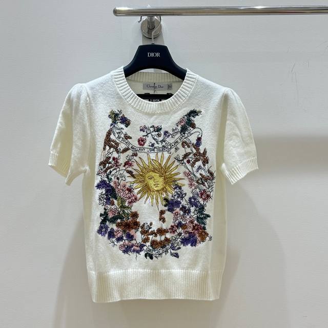 dior Dior 24 Early Spring New Sun Flower Embroidery Round Neck Short Sleeve K