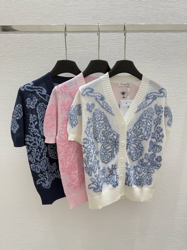 d Hot Sale Button Cardigan Knitted Short Sleeves Color White Pink Royal Blue