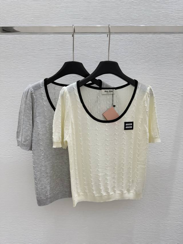 m Early Spring New Round Neck Knitted Short Sleeve Color White Gray Size 36.3