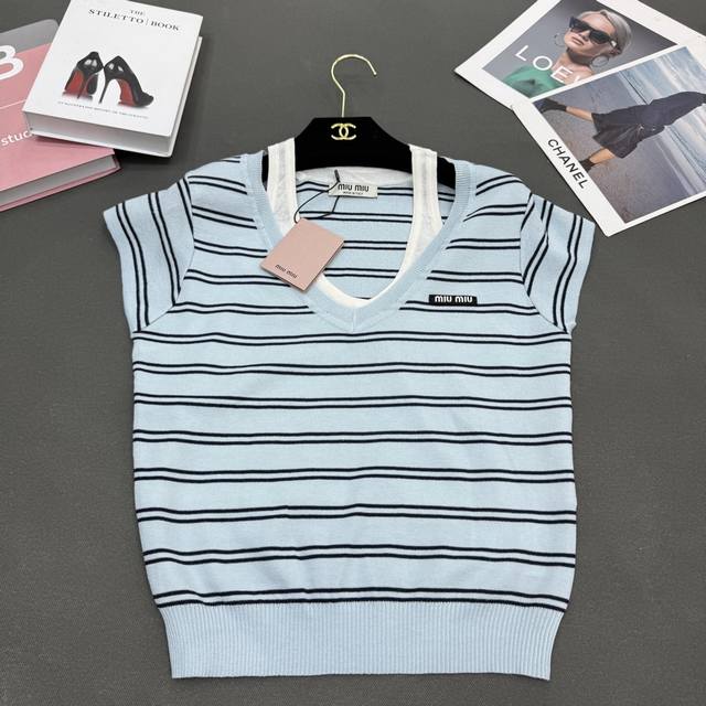 25 Summer Miumi* Women's New Skin-Friendly Silk Linen Striped Deep V-Neck Fak