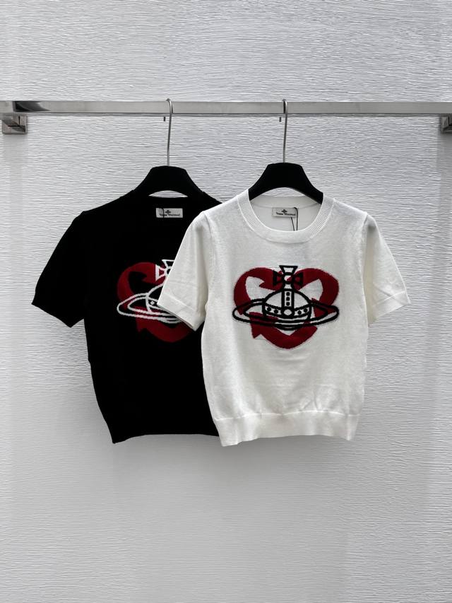 vi New Summer Love Saturn Jacquard Round Neck Knitted Short Sleeves Color Whi