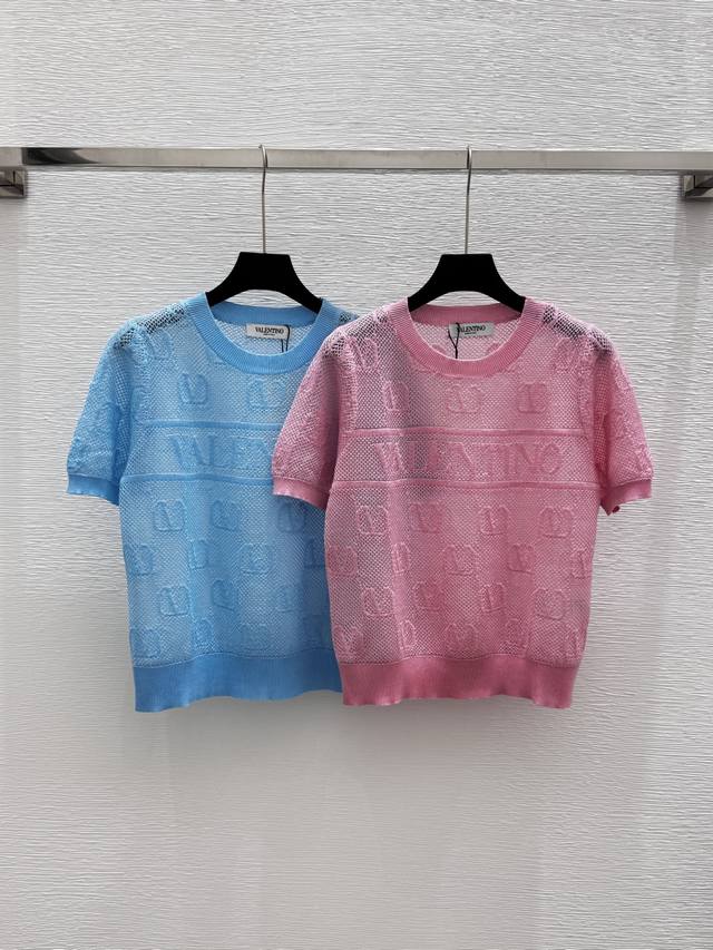 va Home Summer New Logo Jacquard Round Neck Knitted Short Sleeve Color Pink B