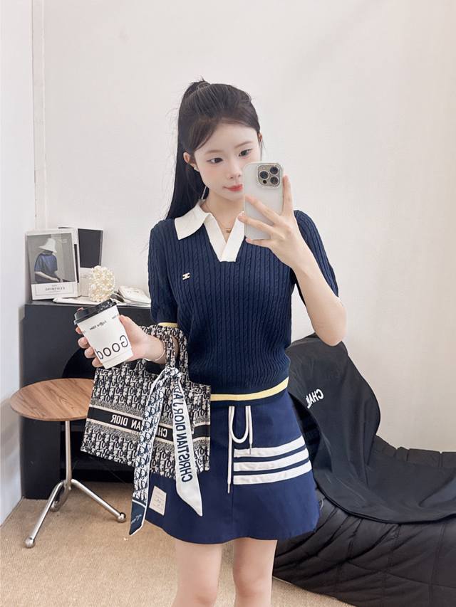 ce New Summer Style Contrast Color Lapel Knitted Short Sleeves Color White Ro