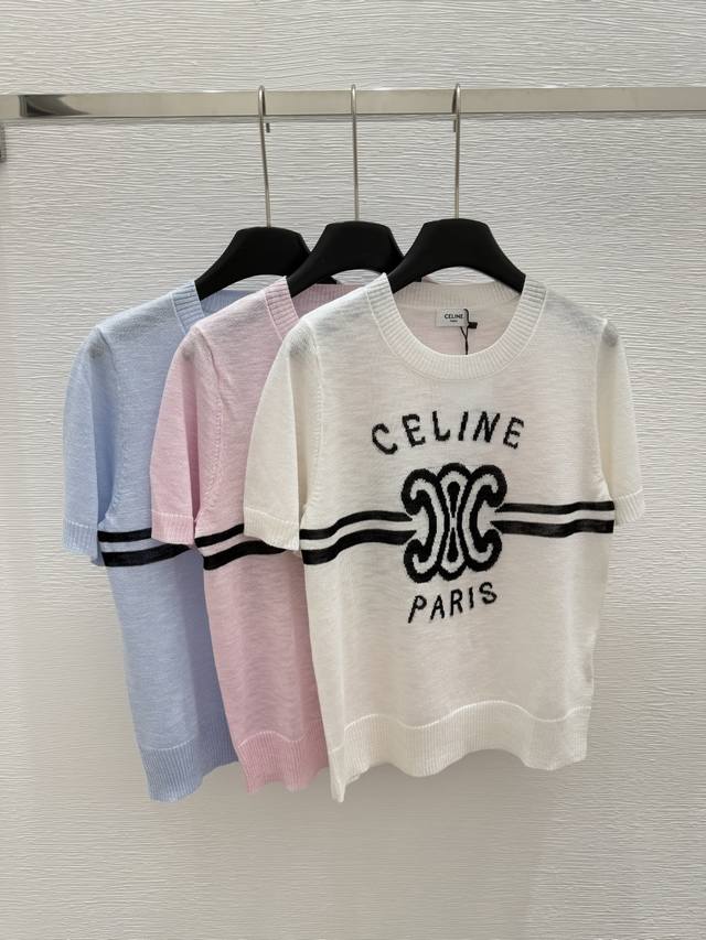 ce Early Spring New Round Neck Letter Knitted Short Sleeves Color White Pink