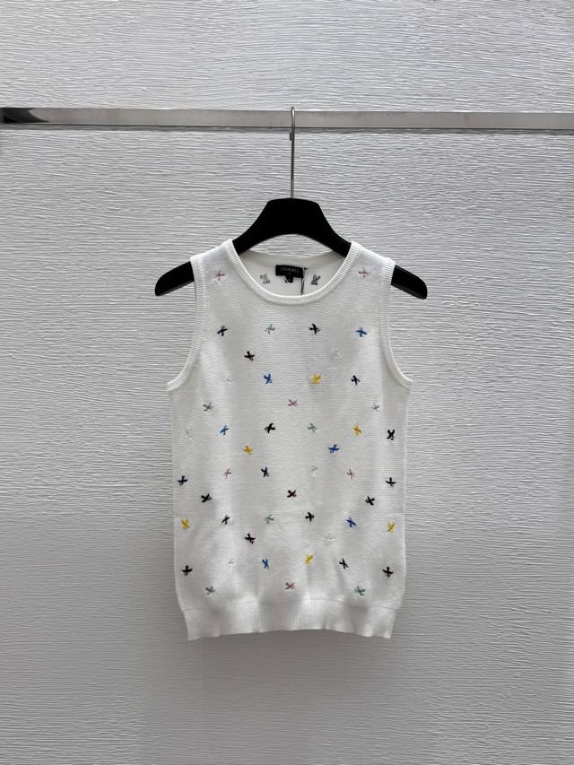 ch New Summer Style Bird Logo Embroidered Round Neck Knitted Vest Color White