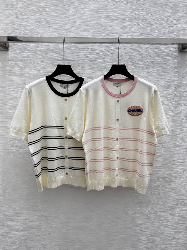 ch New Summer Style Contrast Striped Knitted Round Neck Short Sleeves Color P