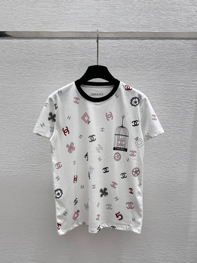 ch New Summer Logo Perfume Bottle Round Neck Short Sleeves Color White Size 3