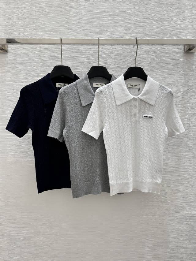 m Home Summer New Style Pure Color Simple Hollow Lapel Knitted Short Sleeve C