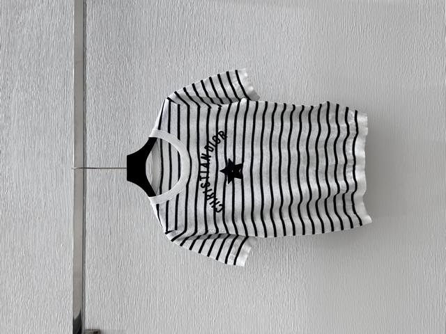 d Home Summer New Striped Letter Round Neck Knitted Short Sleeve Color White