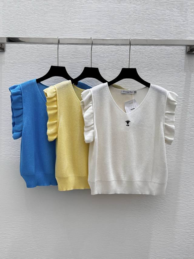 d Home Summer New Style Pure Color Ruffle V-Neck Knitted Vest Color White Yel