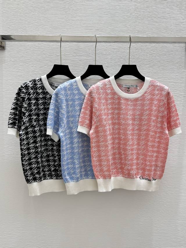 d Home Summer New Plaid Round Neck Knitted Short Sleeve Color Black Blue Pink