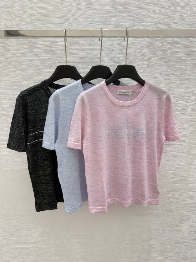 d Early Spring New Round Neck Letter Knitted Short Sleeve Color Pink Blue Bla