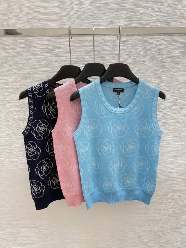 ch Early Spring New Round Neck Printed Knitted Vest Color Blue Pink Royal Blu