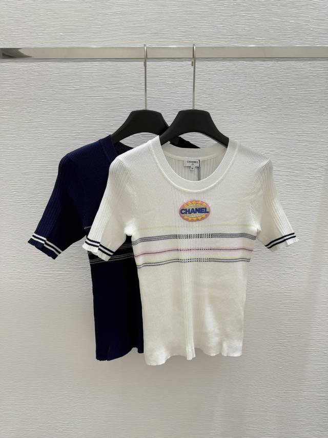 ch Early Spring New Round Neck Striped Knitted Short Sleeve Color White Royal