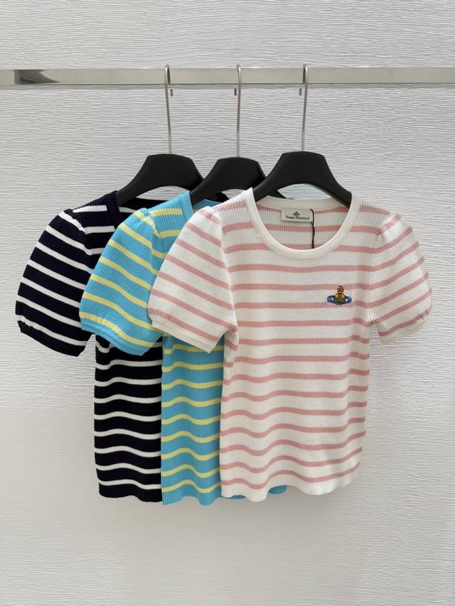 vi Early Spring New Round Neck Striped Knitted Short Sleeves Color Red Green