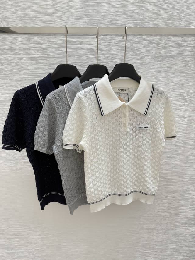 m Early Spring New Lapel Hollow Knitted Short Sleeve Color White Gray Royal B