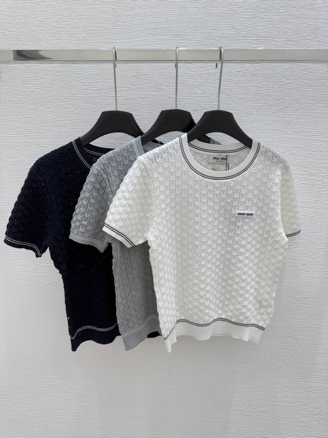 m Early Spring New Round Neck Hollow Knitted Short Sleeve Color White Gray Ro