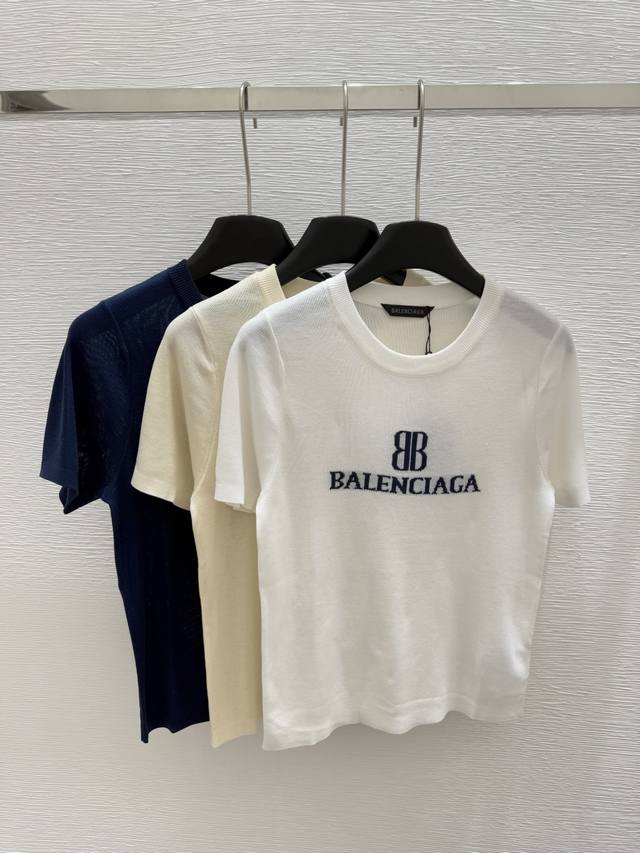 ba Early Spring New Round Neck Letter Knitted Short Sleeve Color White Yellow