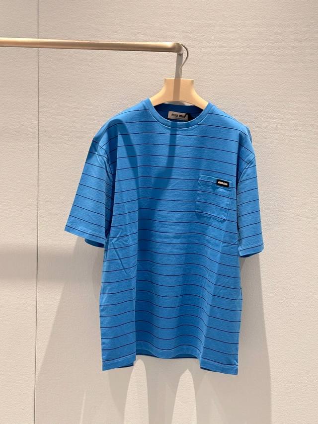 miumi 25Ss New Product Online Blue Contrast Striped Short-Sleeved T-Shirt Yb