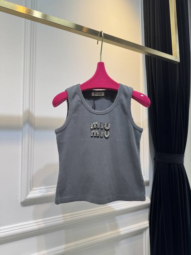miumi New Heavy Beaded Rhinestone Letter Logo Sleeveless Ribbed Knitted Vest