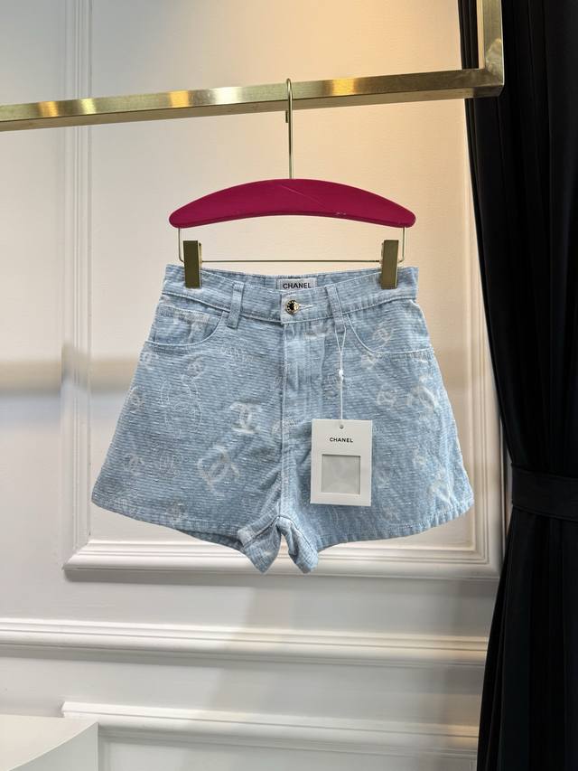 chan*Double C Jacquard Denim Shorts, Medium-High Waist, Slim Fit, Custom-Made