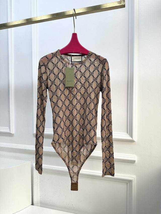Size Sml Gucc* Flocked Letter Jumpsuit Slightly Transparent Long-Sleeved Jumpsui
