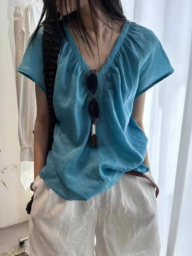 New Hot Style Linen All-Match Top Design Flying Sleeves V-Neck Hand-Pleated Loos