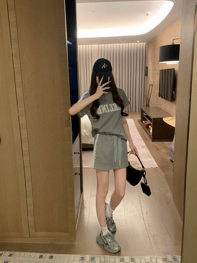 celin*Lace Patch Embroidered Letter Short Sleeve Skirt Suit Sml