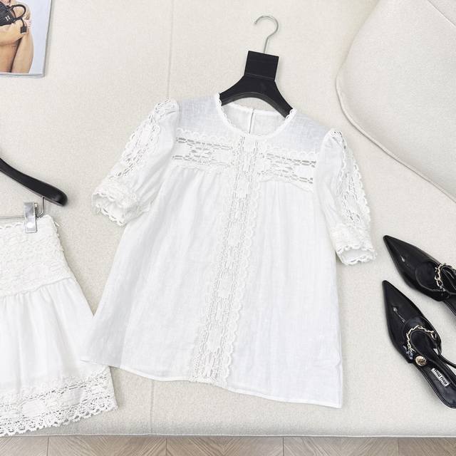 miu 25Ss The Latest Spring And Summer French Round-Neck Linen Short-Sleeved S