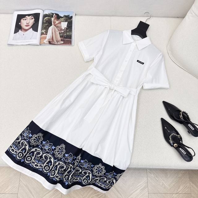 miu 25Ss The Latest Spring And Summer Dress With Printed Hem And Belt. 100% P
