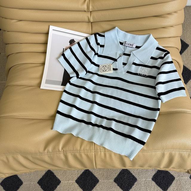 25Ss Spring And Summer Loe Lapel Striped Knitted Short-Sleeved Top Simple Str