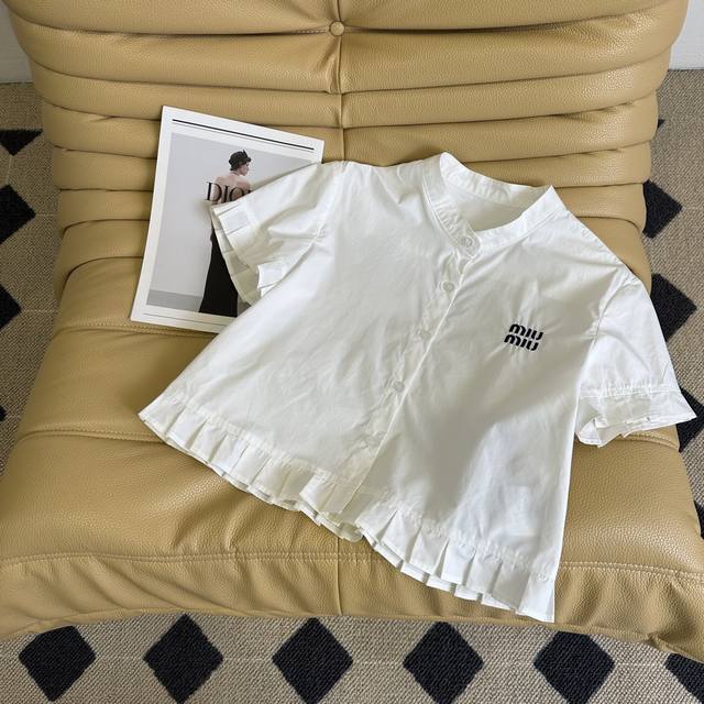 25 Miu* Spliced Hem Short-Sleeved Shirt Fresh Stripes + Versatile White Top I