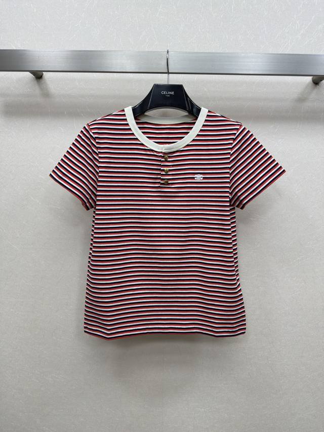 25Ss Celin * New Striped Top With Metal Button Design On The Chest Round Neck