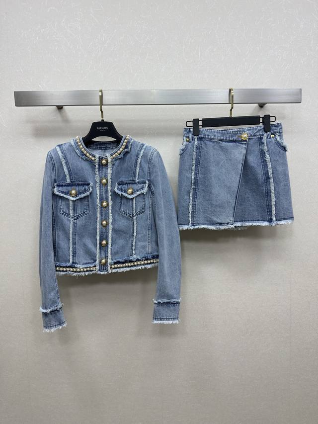 25Ss Balmai*N Balmain New Denim Jacket Skirt Retro Sweet Cool Style Round Nec