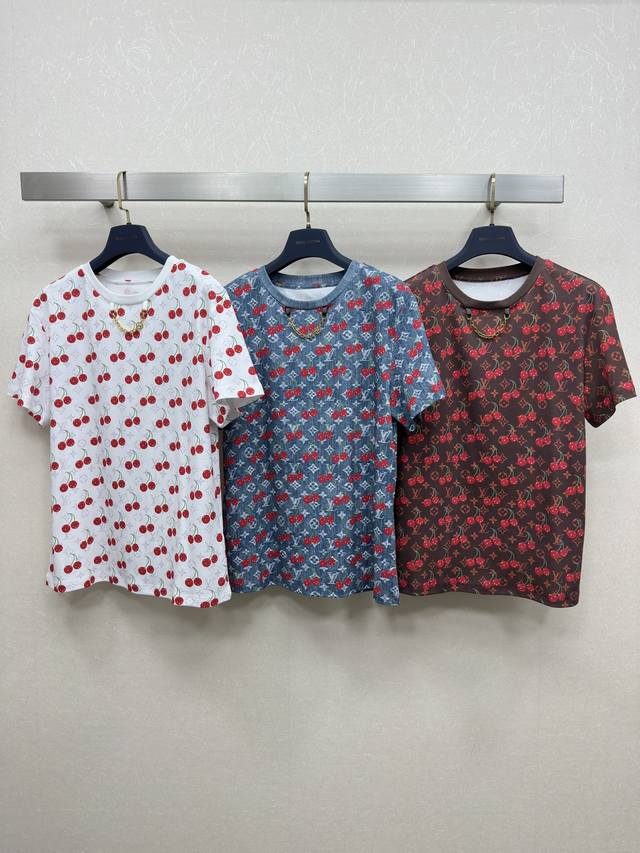 25Ss Lv Spring And Summer New Classic Old Flower Cherry Print Short-Sleeved T