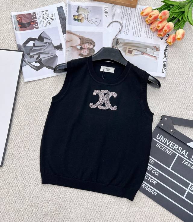 celinl New Style Rhinestone Logo Knitted Vest Customized Yb Tencel Yarn Weavi