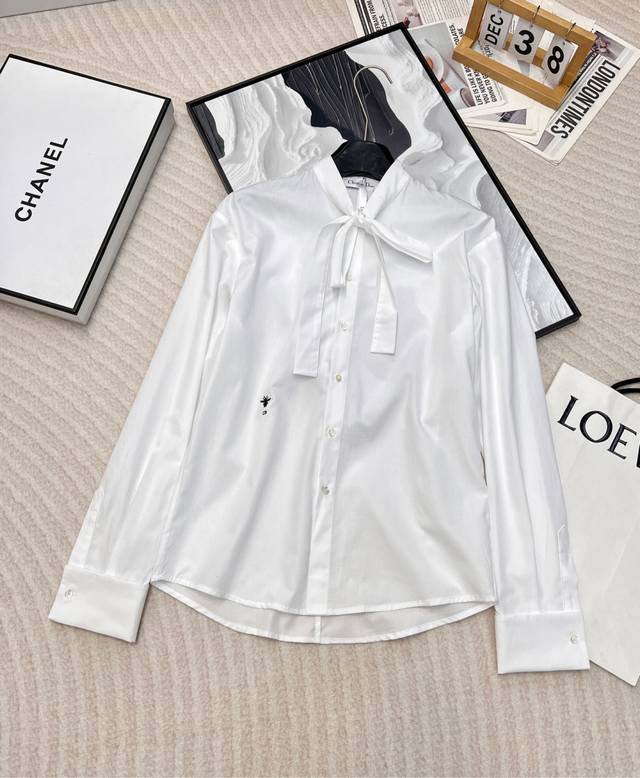 dior Tie Bow Design Bee Embroidered Stand-Up Collar White Shirt A Fashionable