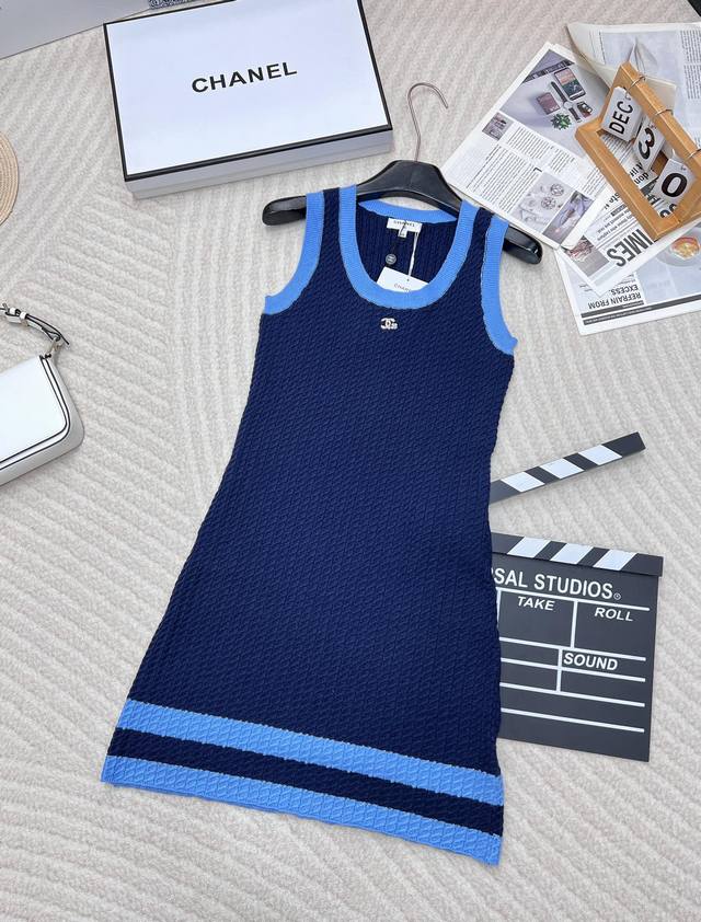 chane* 24B New Blue-Edged Color Matching College Style Double C Knitted Vest