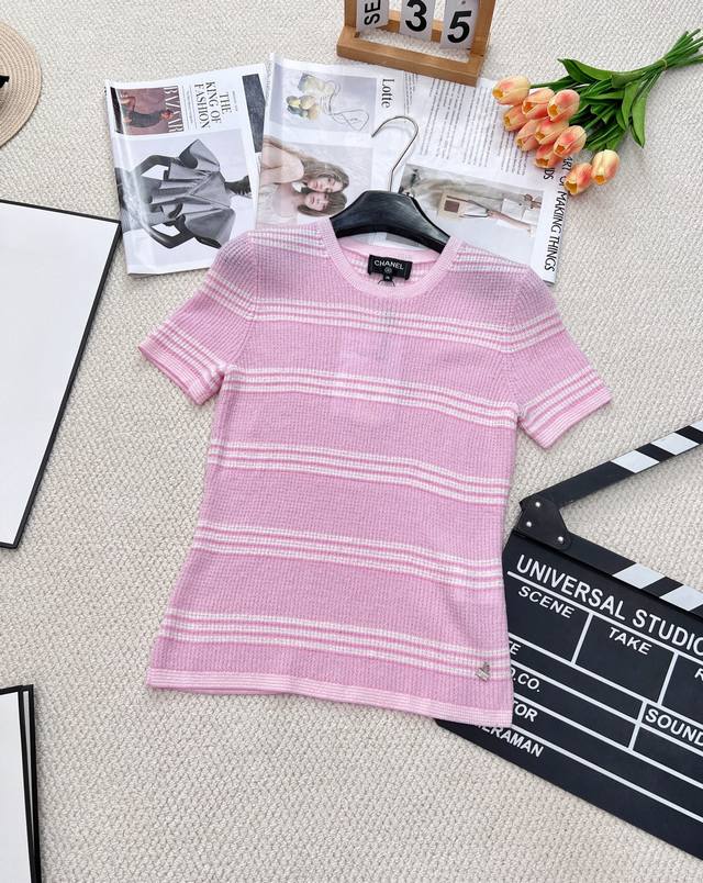chanel Pink Striped Contrasting Design Sweater Striped Contrasting Design Hig
