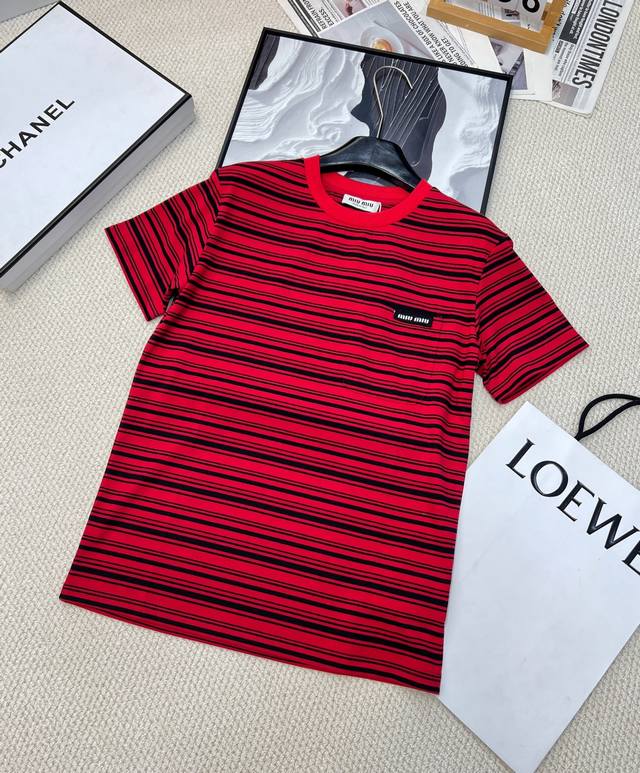 miu Miu American Retro Contrasting Color Striped Letter T-Shirt Unlock A Play