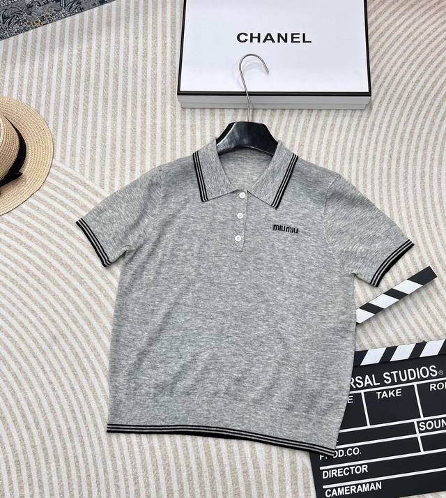 miumiu24Ss Thin Gray And White Polo Knitted Short-Sleeved Spring And Summer N