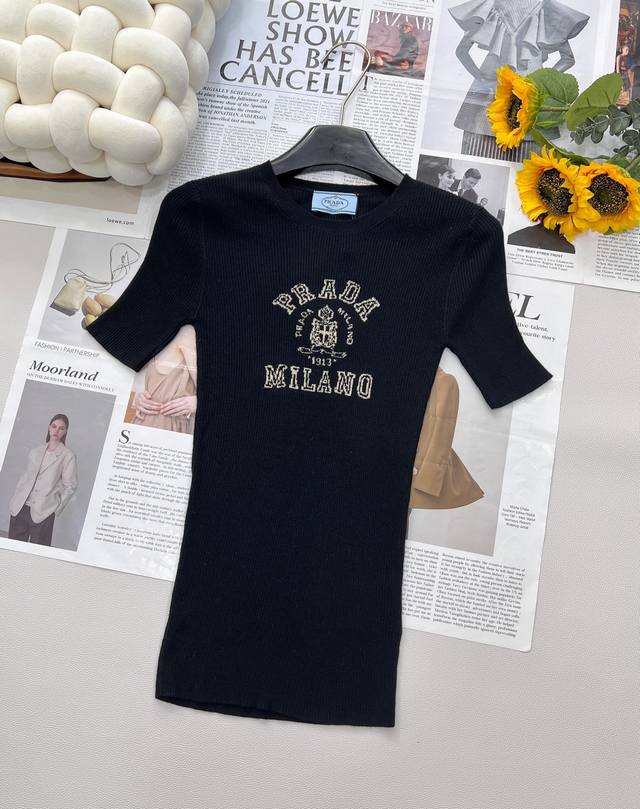 prada Short-Sleeved Sweater With Classic Logo Intarsia On Chest This Slim-Fit