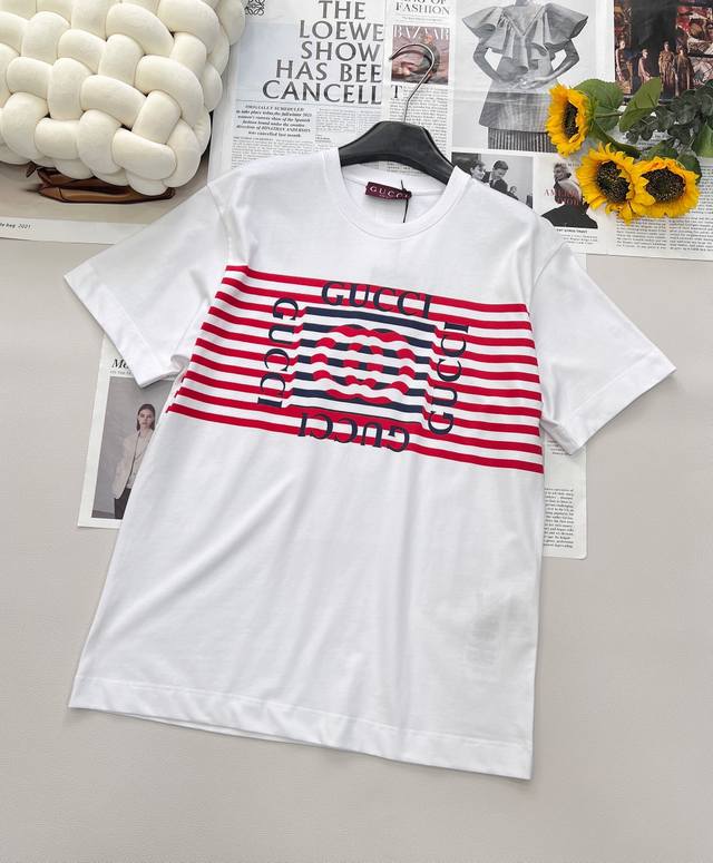 gucci2025 New Round Neck Striped Letter T-Shirt Customized Yb Original Cotton